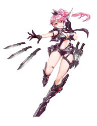 Rule 34 | 1girl, armor, barcode, barcode tattoo, black gloves, breasts, cerise (iron saga), cleavage, cropped jacket, d. (ddot2018), facial mark, floating hair, full body, gloves, greaves, hair ornament, highres, holding, holding knife, iron saga, knife, looking at viewer, medium breasts, midriff, navel, official art, orange eyes, parted lips, pink hair, short shorts, shorts, side ponytail, skull hair ornament, smile, solo, tattoo, throwing knife, weapon, white background