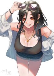 1girl bent_over black_hair black_tank_top breasts cleavage denim denim_shorts eyes_visible_through_hair eyewear_on_head gradient_hair grey_hair hair_over_one_eye hanging_breasts highres jewelry large_breasts long_hair looking_at_viewer multicolored_hair necklace nekotokage nijisanji off_shoulder open_mouth orange_eyes shirayuki_tomoe shirt shorts smile solo tank_top virtual_youtuber white_shirt