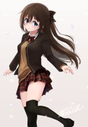 Rule 34 | 1girl, black bow, black jacket, black thighhighs, blue eyes, blush, bow, bowtie, breast pocket, brown hair, brown sweater, closed mouth, collared shirt, floating hair, grey background, hair between eyes, hair bow, jacket, long hair, long sleeves, love live!, love live! nijigasaki high school idol club, miniskirt, open clothes, open jacket, osaka shizuku, plaid, plaid bow, plaid bowtie, plaid skirt, pleated skirt, pocket, red skirt, satolive20, school uniform, shirt, signature, skirt, smile, solo, standing, standing on one leg, sweater, thighhighs, very long hair, white shirt, wing collar