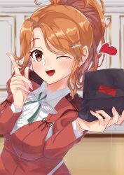 Rule 34 | 1girl, ;d, absurdres, aquila (kancolle), bag, black bag, brown eyes, collared shirt, come2traveling, commentary request, green ribbon, hair ornament, hairclip, heart, high ponytail, highres, holding, holding bag, index finger raised, jacket, kantai collection, long hair, looking at viewer, neck ribbon, one eye closed, open mouth, orange hair, red jacket, ribbon, shirt, smile, solo, valentine, wavy hair, white shirt