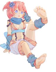 Rule 34 | 1girl, :o, arm warmers, barefoot, blue eyes, blush, breasts, chaosexceed, cleavage, dot nose, feet, female focus, flower, foot focus, full body, hair flower, hair ornament, hairclip, hand on own head, highres, kunoichi, leg up, leg warmers, midriff, navel, ninja, open mouth, pink hair, raised eyebrows, sash, scarf, shorts, sitting, soles, solo, spread toes, suspenders, toeless legwear, toes, twintails