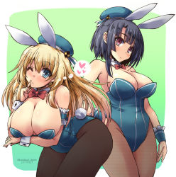 Rule 34 | 10s, 2girls, adapted costume, animal ears, artist name, atago (kancolle), beret, black hair, black legwear, blonde hair, blue eyes, blush, bow, bowtie, breasts, cleavage, covered navel, dated, fake animal ears, hat, highres, kantai collection, large breasts, leotard, multiple girls, pantyhose, playboy bunny, rabbit ears, rabbit tail, red eyes, shinshin, short hair, simple background, smile, tail, takao (kancolle), unmoving pattern, wrist cuffs