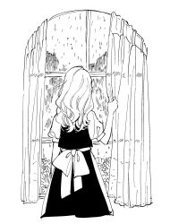 Rule 34 | 1girl, absurdres, apron, black skirt, black vest, commentary request, from behind, greyscale, hand up, highres, indoors, kirisame marisa, long hair, monochrome, natsume (menthol), no headwear, rain, shirt, short sleeves, simple background, skirt, solo, touhou, upper body, vest, waist apron, white background, white shirt, window