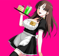 Rule 34 | 1girl, :d, apron, black choker, black ribbon, black shirt, black skirt, black thighhighs, breasts, brown eyes, brown hair, cake, cake slice, choker, cleavage, copyright request, cup, drinking glass, earrings, food, holding, holding tray, jewelry, large breasts, looking at viewer, neck ribbon, open mouth, pink background, puffy short sleeves, puffy sleeves, ribbon, ribbon choker, sanpaku, shirt, short sleeves, simple background, skirt, smile, star (symbol), star earrings, tachibana roku, thighhighs, tray, white apron
