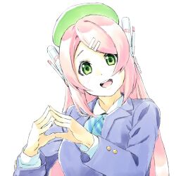 Rule 34 | 1girl, 310123, absurdres, beret, blazer, blush, bow, bowtie, collared shirt, green eyes, hair ornament, hairclip, hat, head tilt, highres, jacket, long hair, long sleeves, looking at viewer, momone momo, open mouth, own hands together, robot ears, school uniform, shirt, simple background, smile, solo, upper body, utau, very long hair, white background