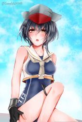 Rule 34 | 1girl, asymmetrical hair, black hair, blue one-piece swimsuit, blue sky, breast cutout, brown eyes, cloud, cloudy sky, framed breasts, gloves, hair between eyes, hat, headphones, i-13 (kancolle), kantai collection, moka (mocha0403), one-piece swimsuit, outdoors, partially fingerless gloves, sailor collar, school swimsuit, shirt, short hair, sitting, sky, solo, swimsuit, swimsuit under clothes, tsurime, twitter username, wet