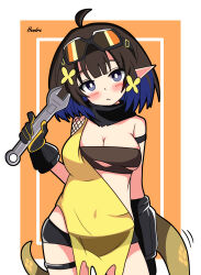 Rule 34 | 1girl, absurdres, ahoge, arknights, black-framed eyewear, black gloves, black hair, black shorts, blue eyes, blue hair, blush, breasts, cleavage, closed mouth, commentary request, covered navel, eunectes (arknights), fishnets, flower, gloves, goggles, goggles on head, hair flower, hair ornament, head tilt, hendra, highres, holding, looking at viewer, medium breasts, multicolored hair, orange background, pointy ears, see-through, short shorts, shorts, signature, solo, tail, two-tone background, two-tone hair, white background, wrench, yellow flower