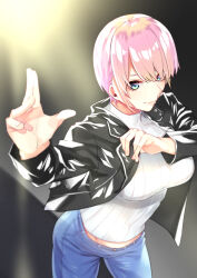 Rule 34 | 1girl, absurdres, black jacket, blue eyes, breasts, denim, earrings, go-toubun no hanayome, hand up, high collar, highres, jacket, jeans, jewelry, large breasts, leather, leather jacket, nakano ichika, open clothes, open jacket, pants, pink hair, pink lips, short hair, single earring, solo, sweater, turtleneck, turtleneck sweater, white sweater, yongo (ssaa9675)
