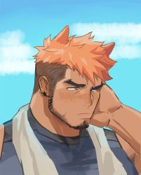 Rule 34 | 1boy, animated, animated gif, apologizing, bara, beard, blush, brown hair, dark-skinned male, dark skin, earrings, facial hair, goatee, grin, hair ears, highres, jewelry, looking at viewer, male focus, mature male, multicolored hair, muscular, muscular male, nose blush, orange eyes, orange hair, original, portrait, shirt, short hair, sleeveless, sleeveless shirt, smile, solo, stubble, thick eyebrows, towel, towel around neck, two-tone hair, undercut, unfinished, xianyusamuel
