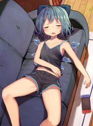 Rule 34 | 1girl, absurdres, alternate costume, bare arms, bare legs, bare shoulders, black shorts, blue bow, blue hair, bow, camisole, cirno, collarbone, contemporary, couch, drooling, closed eyes, from above, hair bow, highres, ice, ice wings, indoors, lying, mamemochi, midriff, navel, nintendo switch, on back, open mouth, short hair, shorts, sleeping, solo, touhou, wings, wooden floor