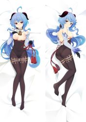 Rule 34 | 1girl, ahoge, armpit crease, ass, back, backless outfit, bare back, bare shoulders, bed sheet, bell, black gloves, black pantyhose, blue hair, blush, breasts, breasts apart, chinese knot, commentary request, covered navel, curled horns, dakimakura (medium), detached sleeves, full body, ganyu (genshin impact), genshin impact, gloves, gluteal fold, hand on own chest, horns, leotard, leotard under clothes, long hair, looking at viewer, lying, medium breasts, moeanime, multiple views, neck bell, nipples, on bed, pantyhose, purple eyes, red horns, red rope, rope, smile, suggestive fluid, tassel, thigh gap, thighband pantyhose, thighlet, thighs, vision (genshin impact), white sleeves, wide sleeves