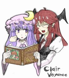 Rule 34 | 2girls, :d, ^ ^, ahoge, annoyed, armband, bad id, bad pixiv id, bat wings, bespectacled, book, closed eyes, crescent, english text, closed eyes, fang, female focus, glasses, hat, head wings, koakuma, kureya908, long hair, multiple girls, necktie, open book, open mouth, patchouli knowledge, purple eyes, purple hair, red hair, smile, sweatdrop, embodiment of scarlet devil, touhou, upper body, vest, wings