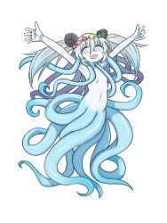 Rule 34 | 1girl, arms up, black souls, completely nude, hair ornament, hairband, highres, horns, kuti (black souls), monster girl, nautilus (animal), nude, open mouth, rabbit king, scylla, simple background, smile, solo, star (symbol), star hair ornament, tentacle hair, tentacles, twintails, white background, white hair, yellow eyes