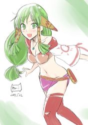 Rule 34 | 1girl, 2014, bangle, bracelet, breasts, clash kuro neko, cleavage, feena (grandia), grandia, grandia i, green background, green eyes, green hair, hair ornament, hair tubes, jewelry, long hair, looking at viewer, low-tied long hair, midriff, navel, necklace, open mouth, red thighhighs, simple background, skirt, smile, solo, thighhighs, torn clothes, torn thighhighs, white background, wide sleeves