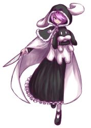 Rule 34 | 1girl, cape, capelet, character request, expressionless, full body, fur trim, hair over one eye, highres, holding, hood, knife, kumauwo, long skirt, mary janes, purple eyes, rinkou no lemuria, shoes, simple background, skirt, solo, standing, stuffed animal, stuffed toy, white background