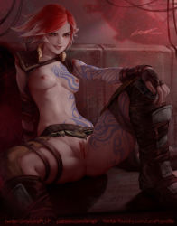 Rule 34 | 1girl, aleriia v, anus, arm tattoo, belt, boots, borderlands (series), borderlands 2, bottomless, breast tattoo, breasts, chaps, clitoral hood, eyebrows, feet out of frame, fingerless gloves, full-body tattoo, gloves, knee boots, leg tattoo, lilith (borderlands), looking at viewer, navel, nipples, nose, orange eyes, pussy, red hair, short hair, shrug (clothing), signature, sitting, small breasts, solo, spread legs, swept bangs, tattoo, uncensored