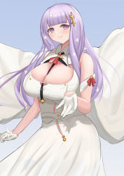 Rule 34 | 1girl, absurdres, azur lane, bare shoulders, between breasts, blunt bangs, breasts, cleavage cutout, clothing cutout, collared shirt, dress, gloves, half gloves, highres, huge breasts, light purple hair, long hair, looking at viewer, necktie, necktie between breasts, plymouth (azur lane), purple eyes, remapack77, shirt, sleeveless, sleeveless dress, smile, solo, white dress, white gloves