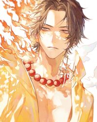 Rule 34 | 1boy, bead necklace, beads, black hair, fiery hair, fire, freckles, highres, jewelry, male focus, necklace, one piece, open clothes, open shirt, portgas d. ace, short hair, solo, sqloveraven, upper body