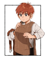 Rule 34 | 1boy, armor, belt, black border, black pants, border, chest guard, chilchuck tims, commentary, dintoge, dressing, dungeon meshi, frown, halfling, highres, leather armor, long sleeves, male focus, outside border, pants, red hair, shirt, short hair, sleeves rolled up, solo, sweat, unworn belt, upper body, white background, white shirt