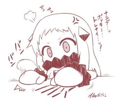 Rule 34 | 10s, abyssal ship, anger vein, angry, banging, commentary request, covered mouth, food, horns, kantai collection, long hair, mittens, monochrome, northern ocean princess, pocky, solo, table, translation request, yamato nadeshiko