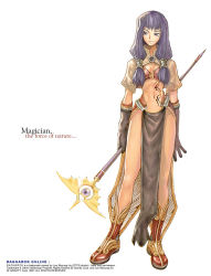 Rule 34 | 1girl, blue eyes, blue hair, boots, breasts, capelet, cleavage, elbow gloves, full body, gloves, loincloth, long hair, long loincloth, mage (ragnarok online), magician, matching hair/eyes, medium breasts, midriff, myung-jin lee, navel, official art, pelvic curtain, ragnarok online, simple background, smirk, solo, staff, standing, tattoo