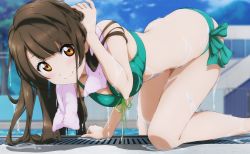 Rule 34 | 10s, 1girl, absurdres, adjusting hair, all fours, bent over, bikini, blush, breasts, brown eyes, brown hair, character name, cleavage, copyright name, day, detexted, drain (object), from side, front-tie top, green bikini, tucking hair, highres, looking at viewer, love live!, love live! school idol project, medium breasts, minami kotori, murota yuuhei, official art, outdoors, pool, poolside, school, side-tie bikini bottom, smile, solo, swimsuit, text focus, third-party edit, towel, towel around neck, tree, water, wet