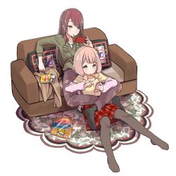 Rule 34 | 2girls, bang dream!, belt, black legwear, blush, box, breast pocket, brown hair, brown jacket, brown legwear, brown pants, cardigan, cellphone, closed mouth, collarbone, commentary request, couch, cushion, food, food in mouth, green eyes, green shirt, hair tie, holding, holding phone, jacket, unworn jacket, layered sleeves, leg lock, leg wrap, light brown hair, long hair, long sleeves, low twintails, mouth hold, multiple girls, no shoes, on couch, on floor, pants, pantyhose, phone, pink cardigan, pink hair, plaid, plaid skirt, pleated skirt, pocket, pocky, red hair, red skirt, rug, shipii (jigglypuff), shirt, short over long sleeves, short sleeves, simple background, sitting, skirt, smartphone, socks, soles, twintails, udagawa tomoe, uehara himari, very long hair, white background, wrapper, yellow shirt