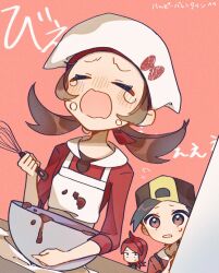 Rule 34 | 1girl, 2boys, apron, backwards hat, black hair, blush, bowl, chibi, chocolate, closed eyes, commentary request, cowlick, creatures (company), crying, ethan (pokemon), flying sweatdrops, game freak, hat, holding, holding whisk, jacket, lyra (pokemon), multiple boys, nintendo, open mouth, parted lips, pink background, pokemon, pokemon hgss, red hair, red shirt, shirt, short hair, silver (pokemon), sumeragi1101, sweatdrop, tears, translation request, whisk, white apron, white headwear