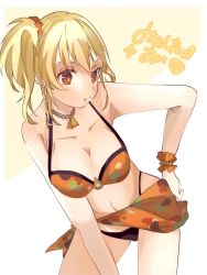 Rule 34 | 1girl, artist name, artist request, bare shoulders, bikini, black bikini, blonde hair, blush, bracelet, braid, breasts, brown eyes, butterfly hair ornament, candy, cleavage, collarbone, earrings, female focus, floral print, flower, food, hair between eyes, hair flower, hair ornament, hair scrunchie, halterneck, hand on own hip, heart, heart print, high ponytail, jewelry, lollipop, long hair, looking at viewer, love live!, love live! nijigasaki high school idol club, love live! school idol festival, medium breasts, miyashita ai, mouth hold, navel, necklace, o-ring, o-ring bikini, o-ring top, orange bikini, orange eyes, orange flower, orange sarong, orange scrunchie, orange wrist cuffs, parted lips, ponytail, sarong, scrunchie, short ponytail, side ponytail, single braid, single wrist cuff, smile, solo, star (symbol), star hair ornament, star print, stomach tattoo, swimsuit, tattoo, thigh strap, triangle necklace, white background, wrist cuffs, x hair ornament, yellow eyes
