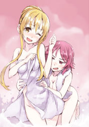Rule 34 | 10s, 2girls, :d, ;d, alternate hairstyle, asuna (sao), bad id, barefoot, blush, breasts, brown eyes, brown hair, cleavage, drooling, freckles, hair up, hands on another&#039;s hips, highres, lisbeth (sao), long hair, matsuryuu, multiple girls, naked towel, one eye closed, open mouth, pink eyes, pink hair, saliva, short hair, smile, sword art online, tickling, tickling sides, towel, towel around neck, wavy mouth, yuri