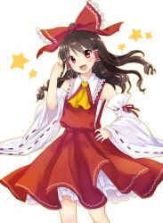 Rule 34 | 1girl, :d, bow, brown hair, detached sleeves, floating hair, hair between eyes, hair bow, hair tubes, hakurei reimu, hand on own hip, head tilt, highres, long hair, monrooru, open mouth, red bow, red eyes, red shirt, red skirt, ribbon-trimmed sleeves, ribbon trim, sarashi, shirt, simple background, skirt, smile, solo, standing, touhou, wavy hair, white background