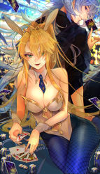 Rule 34 | 1boy, 1girl, absurdres, animal ears, artoria pendragon (all), artoria pendragon (fate), artoria pendragon (swimsuit ruler) (fate), between breasts, blonde hair, blue neckwear, blue pantyhose, breasts, card, casino, casino card table, chromatic aberration, cleavage, commentary, detached collar, eyes visible through hair, fake animal ears, fate/grand order, fate (series), fishnet pantyhose, fishnets, green eyes, hair over one eye, highres, huge filesize, hutuu (1121), large breasts, leotard, long hair, looking at viewer, merlin (fate), nail art, nail polish, necktie, necktie between breasts, open mouth, pantyhose, playboy bunny, playing card, ponytail, rabbit ears, sidelocks, silver hair, sitting, smile, table, wrist cuffs