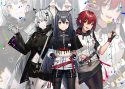 Rule 34 | 3girls, :d, animal ear fluff, animal ears, antenna hair, arknights, belt, black belt, black capelet, black gloves, black hair, black jacket, black legwear, black shorts, black skirt, brown eyes, cake, capelet, commentary request, confetti, cowboy shot, exusiai (arknights), fingerless gloves, food, fruit, gloves, grey eyes, grey gloves, hair between eyes, hair ornament, hairclip, hand up, high collar, highres, holding, holding plate, id card, jacket, lappland (arknights), long hair, long sleeves, looking at viewer, material growth, miniskirt, multiple girls, navel, open mouth, oripathy lesion (arknights), pantyhose, plate, raglan sleeves, red belt, red hair, short hair, short shorts, shorts, silver hair, skirt, smile, standing, stomach, strawberry, texas (arknights), thigh strap, thighs, v, very long hair, white jacket, wide sleeves, wolf ears, yuuki mix, zoom layer