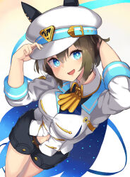 Rule 34 | 1girl, absurdres, adjusting clothes, adjusting headwear, animal ears, ascot, black shirt, blue eyes, breasts, brown hair, cheval grand (umamusume), collared shirt, commentary request, ear covers, ear ornament, from above, hair between eyes, hat, highres, horse ears, horse girl, jacket, long sleeves, medium breasts, midriff, multicolored hair, navel, open mouth, sawara noa, shirt, short hair, smile, solo, streaked hair, umamusume, white background, white hair, white hat, white jacket, yellow ascot