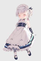 Rule 34 | 1girl, apron, azur lane, black dress, black footwear, blush, braid, closed eyes, closed mouth, collarbone, commentary request, dress, frilled apron, frilled dress, frills, full body, gloves, grey background, little bel (azur lane), long hair, maid, maid headdress, pantyhose, shoes, side ponytail, simple background, standing, standing on one leg, usagimiko, white apron, white gloves, white hair, white pantyhose