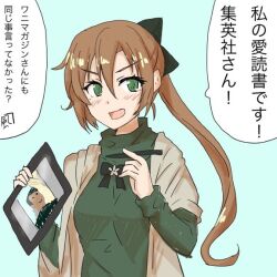 Rule 34 | akigumo (kancolle), anti (untea9), aqua background, brown hair, brown shawl, commentary request, drawing tablet, green eyes, green sweater, hair ribbon, holding, holding drawing tablet, kantai collection, long hair, mole, mole under eye, ponytail, ribbon, shawl, simple background, stylus, sweater, translation request