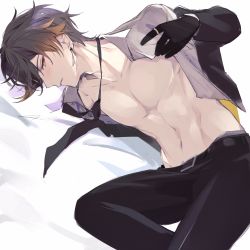 Rule 34 | 1boy, bed sheet, black gloves, black hair, black jacket, black necktie, black pants, blush, brown hair, commentary, earrings, genshin impact, gloves, gradient hair, gumilkx, highres, jacket, jewelry, long sleeves, lying, male focus, multicolored hair, necktie, on side, open clothes, open jacket, open shirt, orange eyes, pants, parted lips, profile, shirt, single earring, solo, symbol-only commentary, white shirt, zhongli (genshin impact)