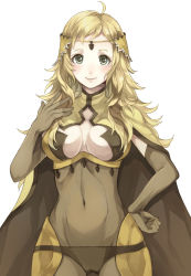 Rule 34 | 1girl, ahoge, blonde hair, bodysuit, breasts, circlet, cleavage, cleavage cutout, cloak, clothing cutout, covered navel, cowboy shot, elbow gloves, fire emblem, fire emblem fates, gloves, green eyes, grey eyes, hand on own hip, jurge, long hair, looking at viewer, medium breasts, midriff, navel, nintendo, ophelia (fire emblem), see-through, simple background, skin tight, smile, solo, upper body, wavy hair, white background