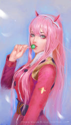 Rule 34 | 10s, 1girl, absurdres, artist name, breasts, buttons, candy, darling in the franxx, double-breasted, eyeshadow, food, from side, green eyes, hair between eyes, hairband, highres, holding, holding candy, holding food, holding lollipop, horns, lollipop, looking at viewer, makeup, marsfoong, medium breasts, military, military uniform, oni horns, pink hair, realistic, red horns, solo, straight hair, uniform, white hairband, zero two (darling in the franxx)