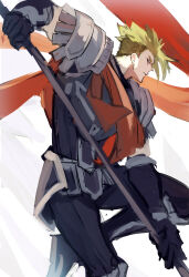 Rule 34 | 1boy, absurdres, achilles (fate), armor, black pants, black shirt, fate/grand order, fate (series), faux traditional media, from side, gauntlets, green hair, haruakira, highres, holding, holding polearm, holding weapon, looking ahead, male focus, mature male, armored boots, orange sash, pants, polearm, shirt, short hair, shoulder armor, simple background, solo, undercut, weapon, white background
