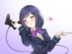 Rule 34 | 1girl, black hair, black jacket, blazer, blush, bow, breasts, brown sweater, cable, closed mouth, collared shirt, commentary request, controller, dress shirt, game controller, gradient background, head tilt, heart, holding, jacket, long sleeves, nijisanji, purple background, purple bow, school uniform, shirihime, shirt, shizuka rin, small breasts, solo, spoken heart, sweater, upper body, virtual youtuber, white background, white shirt, yellow eyes