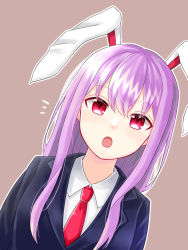 Rule 34 | 1girl, :o, animal ears, blazer, blush, dutch angle, jacket, kanoto (akmr2834), long hair, looking at viewer, necktie, notice lines, open mouth, outline, purple background, purple hair, rabbit ears, red eyes, reisen udongein inaba, shirt, simple background, solo, touhou, upper body, white outline, white shirt