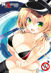Rule 34 | 10s, 1girl, anchor hair ornament, bikini, black bikini, black thighhighs, blonde hair, blush, breasts, cleavage, collarbone, female focus, gradient background, green eyes, hair ornament, halterneck, hat, inuzumi masaki, kantai collection, large breasts, long hair, looking at viewer, navel, open mouth, peaked cap, prinz eugen (kancolle), side-tie bikini bottom, smile, solo, string bikini, swimsuit, thighhighs, twintails