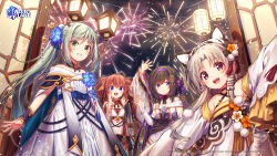 Rule 34 | 4girls, ahoge, alternate costume, an shan (azur lane), armpits, azur lane, blue eyes, blush, breasts, brown hair, chang chun (azur lane), chinese clothes, cleavage, closed mouth, commentary request, detached sleeves, dress, fireworks, fu shun (azur lane), green eyes, grey hair, hair ornament, headband, highres, lantern, looking at viewer, multiple girls, night, night sky, official art, ponytail, red eyes, shenbei xiaoqiu, sky, small breasts, tai yuan (azur lane), twintails