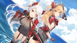 Rule 34 | 2girls, :d, admiral hipper (azur lane), ahoge, antenna hair, ass, azur lane, bike shorts, black legwear, black shorts, blonde hair, blue sky, blush, breasts, brown eyes, closed mouth, cloud, cloudy sky, commentary request, cross, day, dress, dutch angle, eyewear switch, garter straps, gloves, green eyes, grey dress, grey hat, hair between eyes, hat, head tilt, headgear, highres, holding, holding removed eyewear, horizon, iron cross, large breasts, leaning forward, long hair, long sleeves, looking at viewer, looking back, medium breasts, miniskirt, mole, mole on breast, mole under eye, multiple girls, ocean, open mouth, orange eyes, over-rim eyewear, pleated skirt, prinz eugen (azur lane), red eyes, red gloves, red skirt, semi-rimless eyewear, short dress, shorts, shorts under skirt, sideboob, silver hair, skirt, sky, sleeves past elbows, small breasts, smile, standing, sunglasses, thighhighs, thighs, two side up, unworn eyewear, very long hair, water, yappen, zettai ryouiki