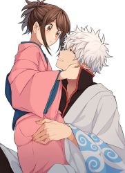 Rule 34 | 1boy, 1girl, ass, ass grab, brown eyes, brown hair, closed mouth, commentary request, eye contact, from side, gintama, grey hair, grin, hand on another&#039;s face, hand up, hetero, highres, japanese clothes, kimono, kobaji, long sleeves, looking at another, obi, pink kimono, ponytail, red eyes, sakata gintoki, sash, shimura tae, short hair, simple background, smile, teeth, white background, wide sleeves, yukata