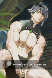 Rule 34 | 1boy, abs, alhaitham (genshin impact), alternate muscle size, bara, bare pectorals, cowboy shot, flexing pectorals, from below, frown, genshin impact, green eyes, grey hair, hydaria, large pectorals, looking at viewer, male focus, micro shorts, muscular, muscular male, navel, nipples, own hands together, paid reward available, pectorals, short hair, shorts, sitting, solo, spread legs, stomach, tsurime, watermark