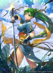 Rule 34 | 1girl, bare legs, black gloves, breasts, cloud, day, earrings, female focus, fingerless gloves, fire emblem, fire emblem: the blazing blade, fire emblem cipher, from side, gloves, grass, green eyes, green hair, hmk84, holding, holding sword, holding weapon, jewelry, katana, large breasts, legs, long hair, looking at viewer, looking to the side, lyn (fire emblem), matching hair/eyes, nintendo, official art, ponytail, sash, scabbard, sheath, short sleeves, side slit, sky, smile, solo, standing, sword, very long hair, weapon