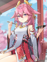 Rule 34 | 1girl, animal ears, armpit peek, blue sky, blurry, breasts, cherry blossoms, chopsticks, cloud, cloudy sky, commentary request, depth of field, detached sleeves, dual wielding, earrings, falling petals, food, fox ears, fox girl, genshin impact, hair between eyes, hair ornament, highres, holding, holding chopsticks, holding plate, jewelry, long hair, long sleeves, looking at viewer, low-tied long hair, medium breasts, nontraditional miko, omelet, petals, pink hair, plate, purple eyes, ribbon-trimmed sleeves, ribbon trim, sideboob, sidelocks, sitting, sky, solo, tamagoyaki, torii, wide sleeves, xiao xiao tian, yae miko