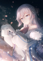 Rule 34 | 1girl, absurdres, bare shoulders, bronya zaychik, bronya zaychik (silverwing: n-ex), caisena, commentary request, cup, fur-trimmed jacket, fur trim, gloves, grey eyes, grey hair, highres, holding, holding cup, honkai (series), honkai impact 3rd, jacket, long hair, long sleeves, looking at viewer, mug, off shoulder, open clothes, open jacket, smile, solo, upper body, very long hair, white gloves, white jacket